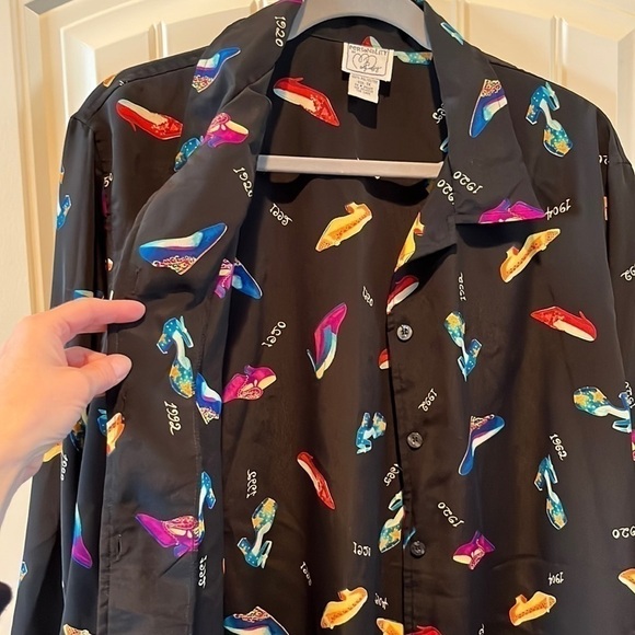 Vintage all over novelty shoe print button down tunic top Emily in Paris SATC 1X - Picture 2 of 10